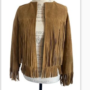 The Perfext Suede Leather Fringed Open Jacket Made In USA Size XS Tan